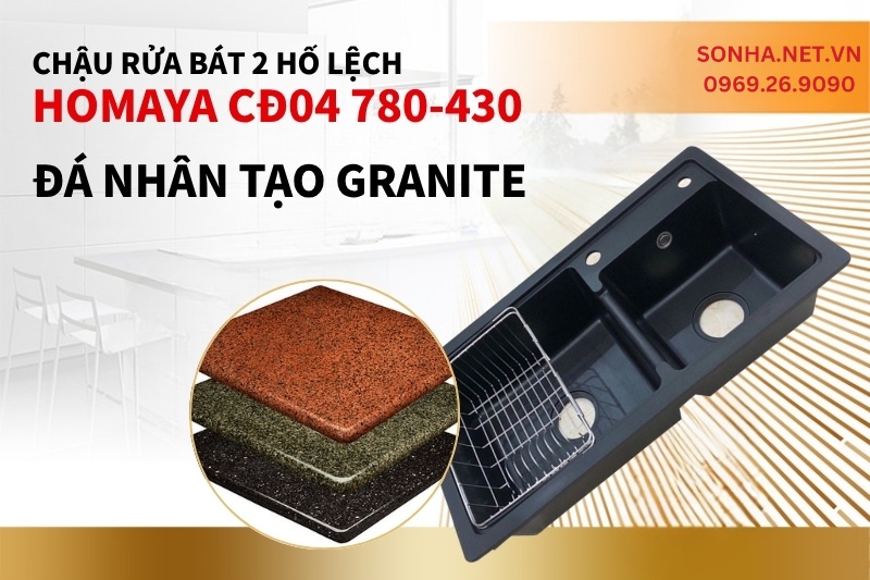 Chậu rửa b&aacute;t 2 hố lệch Homaya CĐ04 được chế tạo từ đ&aacute; nh&acirc;n tạo Granite
