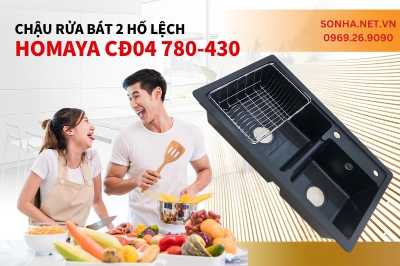 Si&ecirc;u phẩm chậu rửa b&aacute;t đ&aacute; Homaya 2 hố lệch CĐ04