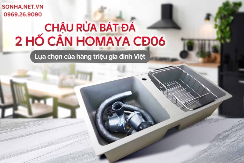 Si&ecirc;u phẩm chậu rửa b&aacute;t đ&aacute; 2 hố c&acirc;n Homaya CĐ06 880-490