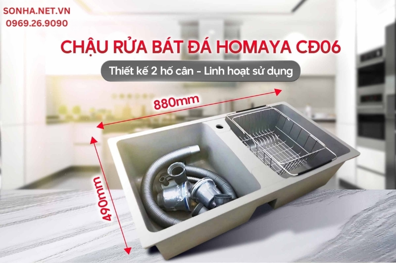 Chậu rửa b&aacute;t đ&aacute; Homaya CĐ06 sở hữu thiết kế 2 hố c&acirc;n