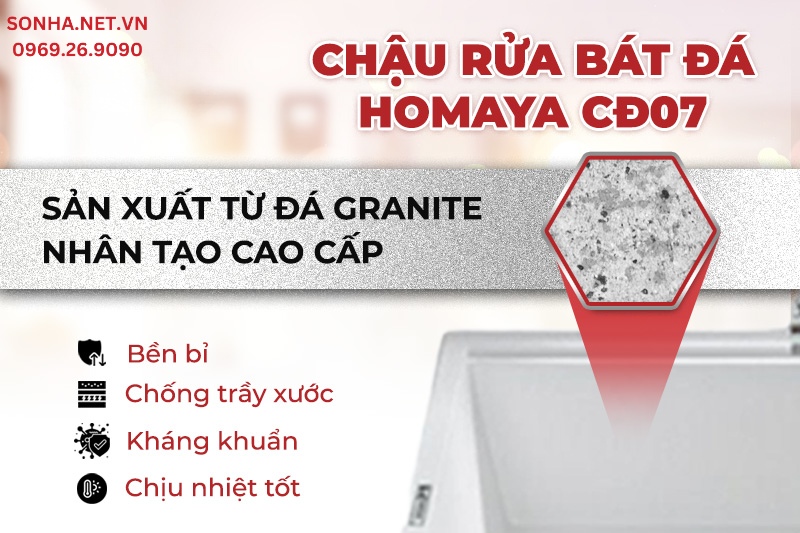 Bồn rửa ch&eacute;n Homaya CĐ07 được chế tạo từ đ&aacute; Granite cao cấp