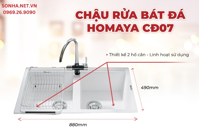 Chậu rửa b&aacute;t đ&aacute; Homaya CĐ07 sở hữu thiết kế 2 hố c&acirc;n lớn