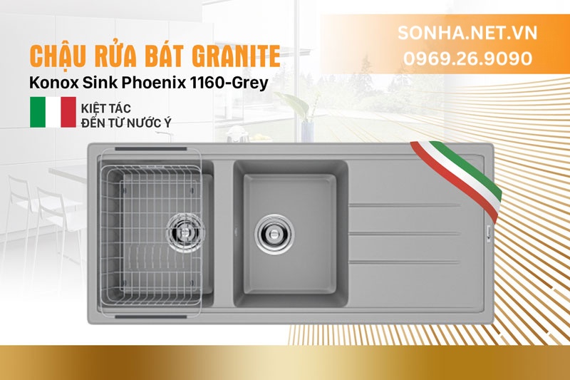 Bồn rửa ch&eacute;n bằng đ&aacute; Konox Sink Phoenix 1160-Grey tiện &iacute;ch, th&ocirc;ng minh