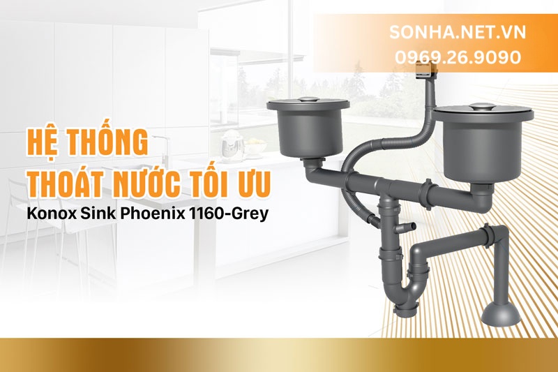 Bộ xi ph&ocirc;ng Konox Sink Phoenix 1160-Grey tho&aacute;t nước nhanh, ngăn m&ugrave;i hiệu quả