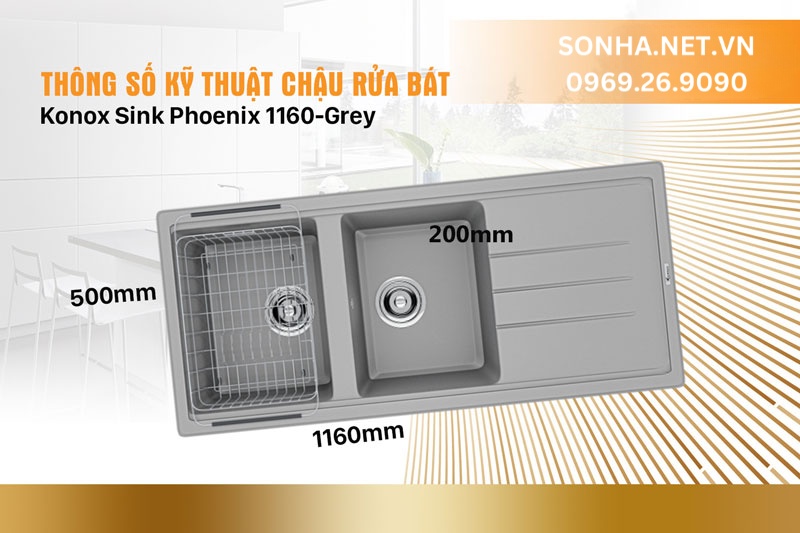Th&ocirc;ng số chậu rửa b&aacute;t đ&aacute; Granite Konox Sink Phoenix 1160-Grey 