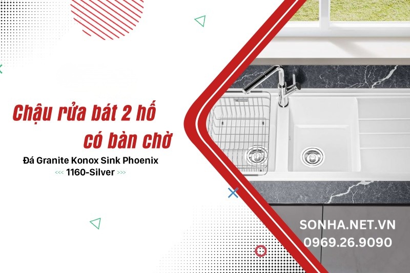 Chậu rửa b&aacute;t 2 hố, c&oacute; b&agrave;n chờ, đ&aacute; Granite Konox Sink Phoenix 1160-Silver