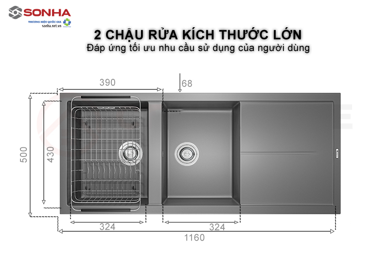 Chậu rửa b&aacute;t 2 hố k&iacute;ch thước lớn thoải m&aacute;i sử dụng