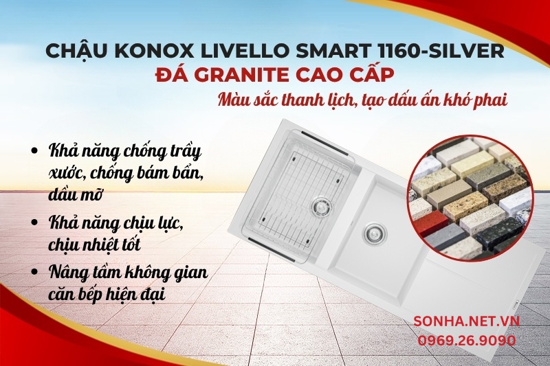Chậu rửa bát Konox Granite Livello Smart 1160 Silver được sản xuất từ đá nhân tạo cao cấp