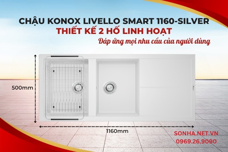 Chậu rửa bát Konox Granite Livello Smart 1160 Silver có thiết kế 2 hố 1 bàn chờ