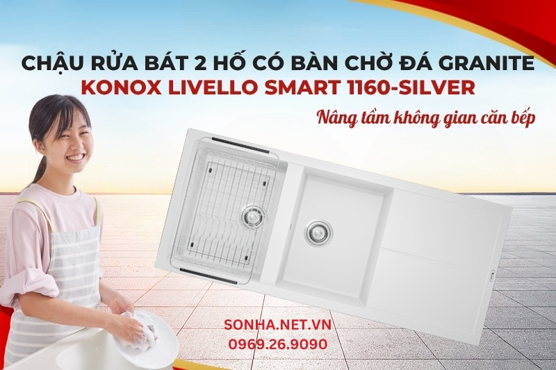 Siêu phẩm chậu rửa bát 2 hố Konox Granite Livello Smart 1160 White Silver
