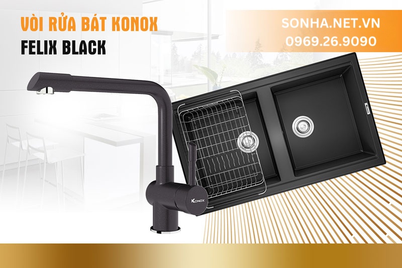 Chậu đ&aacute; Konox Phoenix 860 Black v&agrave; v&ograve;i Felix Black n&acirc;ng tầm tiện &iacute;ch căn bếp