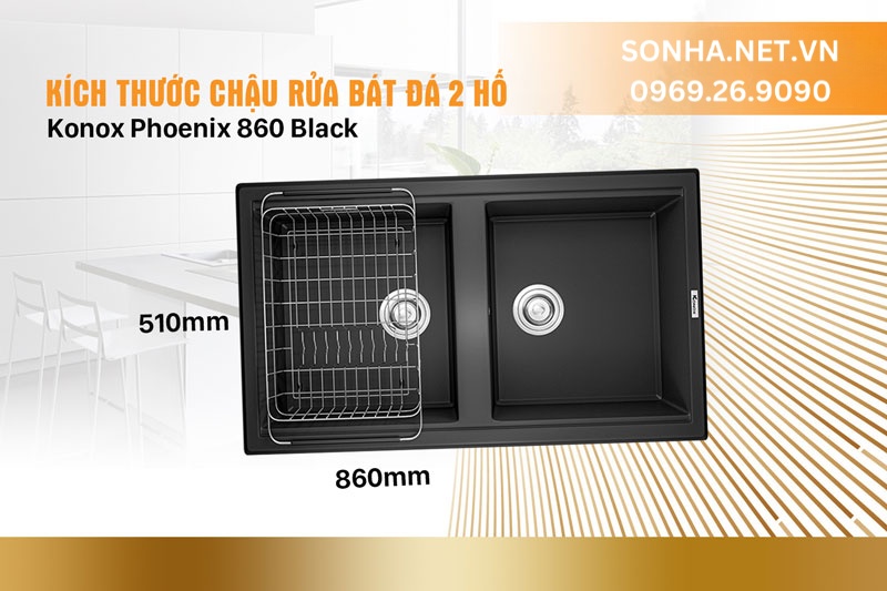 Th&ocirc;ng số k&iacute;ch thước chậu đ&aacute; Konox Phoenix 860 Black