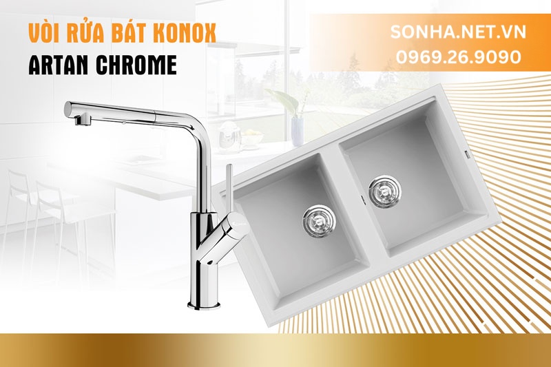 Bộ đ&ocirc;i ho&agrave;n hảo chậu rửa ch&eacute;n Konox Phoenix 860 Silver v&agrave; v&ograve;i Artan Chrome