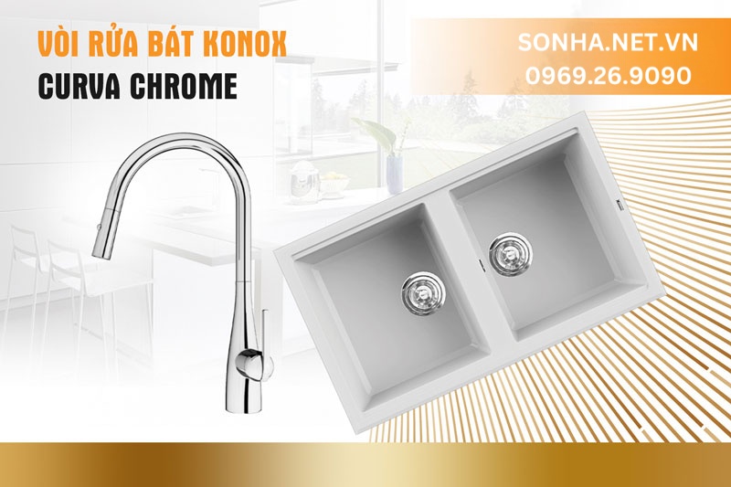 Bộ đ&ocirc;i tiện &iacute;ch Konox chậu đ&aacute; Phoenix 860 Silver v&agrave; v&ograve;i Curva Chrome