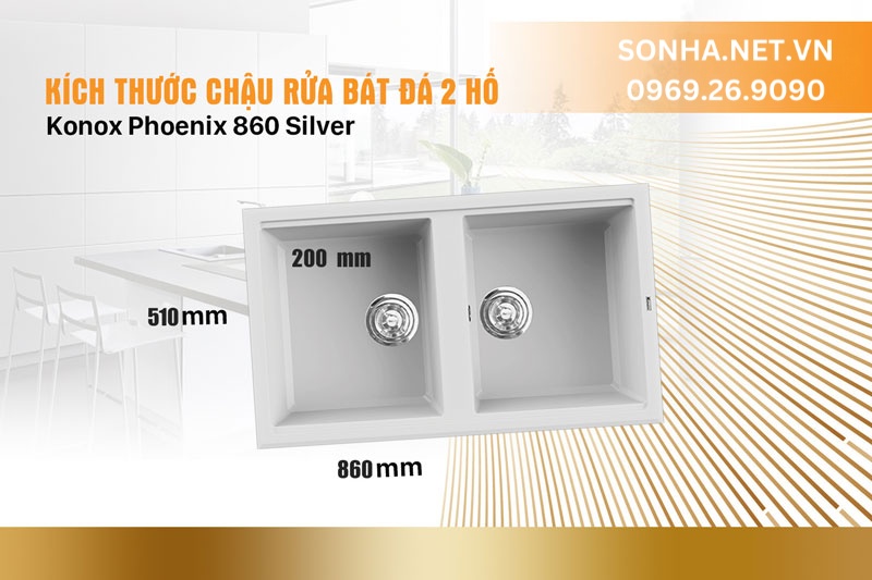 Th&ocirc;ng số k&iacute;ch thước chậu rửa ch&eacute;n đ&aacute; Konox Phoenix 860 Silver