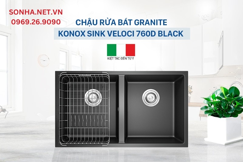 Chậu rửa b&aacute;t 2 hố, đ&aacute; Granite Konox Sink Veloci 760D Black