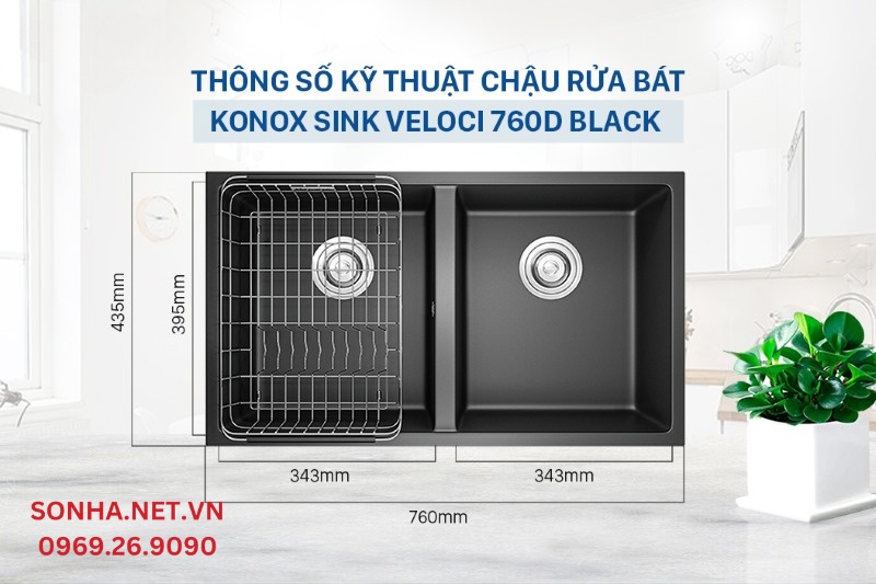 Th&ocirc;ng số kỹ thuật của chậu rửa b&aacute;t Granite Konox Sink Veloci 760D Black