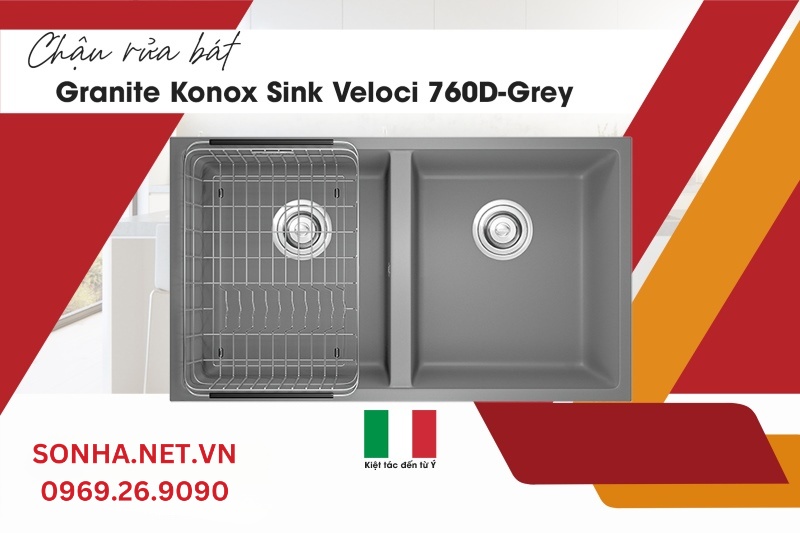 Chậu rửa b&aacute;t 2 hố, đ&aacute; Granite Konox Sink Veloci 760D Grey