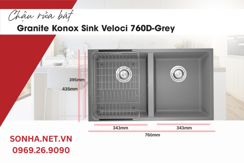 Th&ocirc;ng số kỹ thuật của chậu rửa b&aacute;t Granite Konox Sink Veloci 760D-Grey