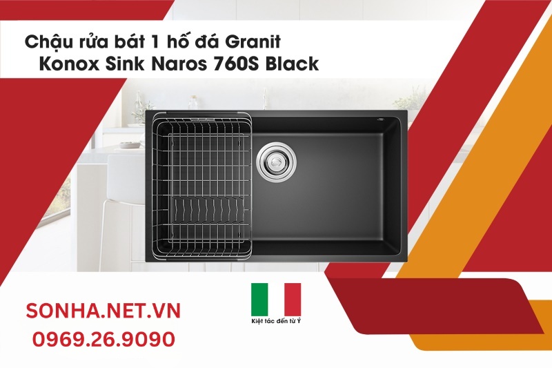 Chậu rửa b&aacute;t 1 hố đ&aacute; Granite Konox Sink Naros 760S Black