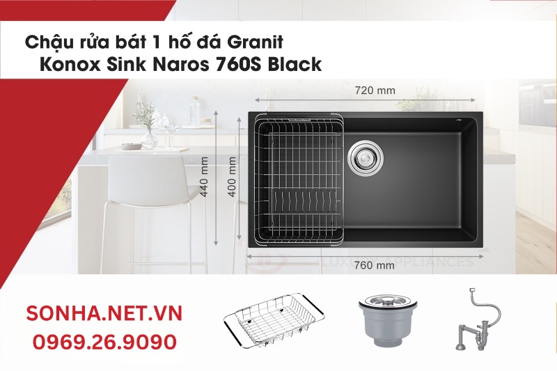 Th&ocirc;ng số kỹ thuật chậu rửa b&aacute;t Konox Sink Naros 760S Black