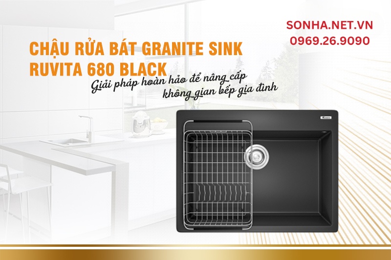 Chậu rửa b&aacute;t 1 hố, đ&aacute; Granite Konox sink Ruvita 680 Black