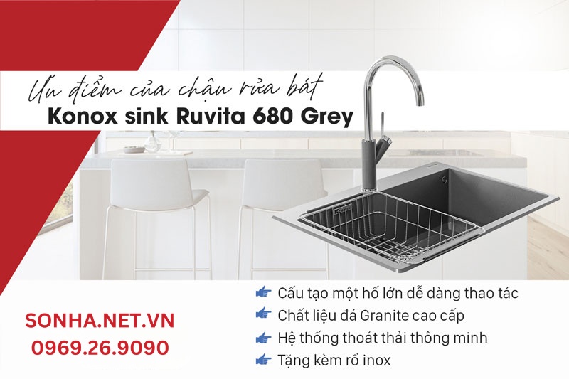 4 ưu điểm nổi bật chậu rửa b&aacute;t đ&aacute; 1 hố Konox sink Ruvita 680 Grey