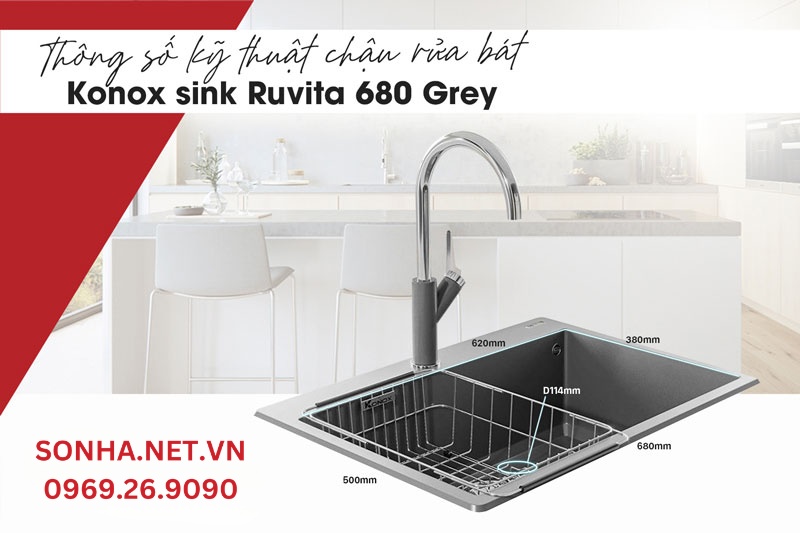 K&iacute;ch thước chậu rửa ch&eacute;n đ&aacute; 1 hộc Konox sink Ruvita 680 Grey