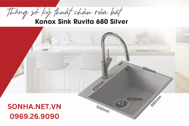 Th&ocirc;ng số kỹ thuật chậu rửa b&aacute;t Konox Sink Ruvita 680 Silver