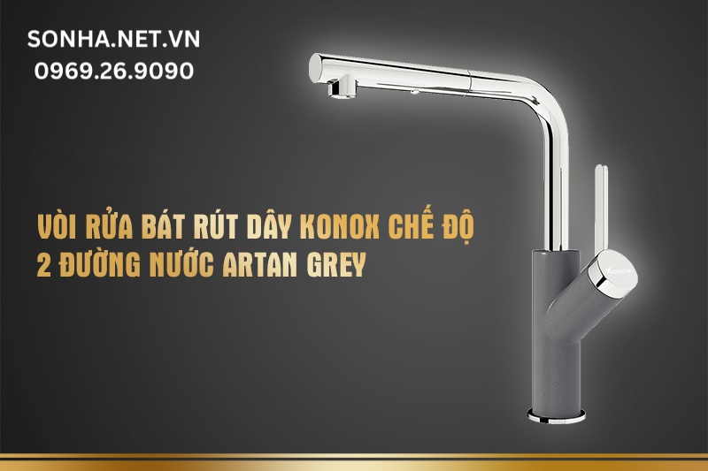 Vòi rửa bát rút dây Konox chế độ 2 đường nước Artan Grey