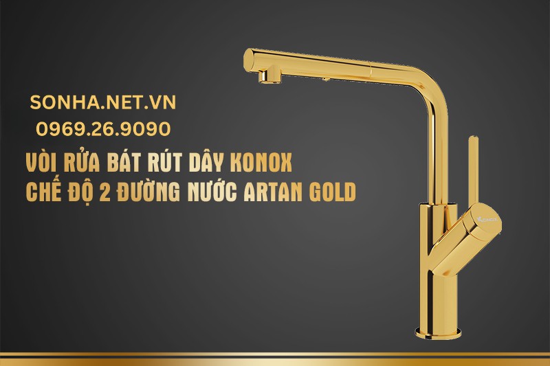 Vòi rửa bát rút dây Konox chế độ 2 đường nước Artan Gold