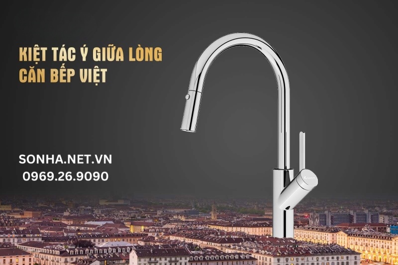 Vòi rửa bát rút dây Konox Ponte Chrome kiệt tác Ý sang trọng trong gian bếp