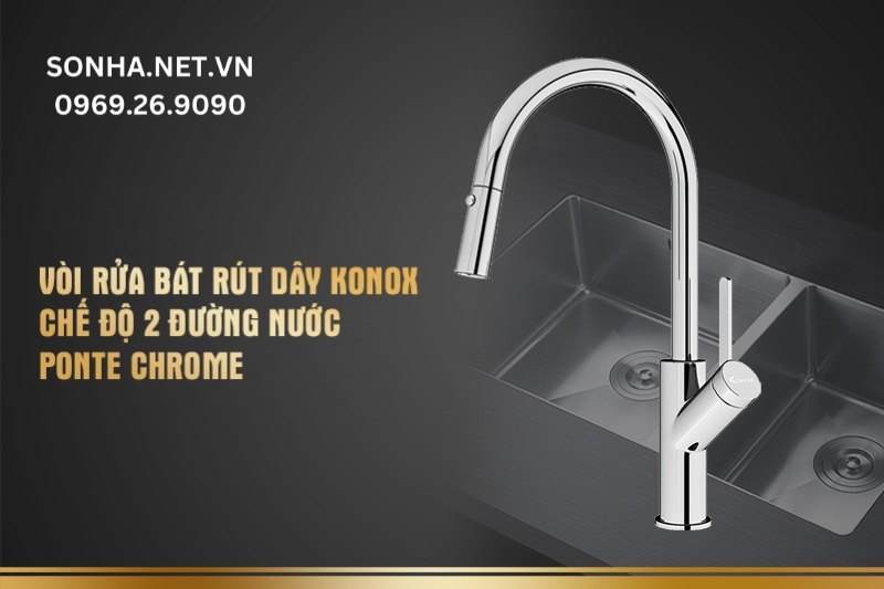 Vòi rửa bát rút dây Konox chế độ 2 đường nước Ponte Chrome