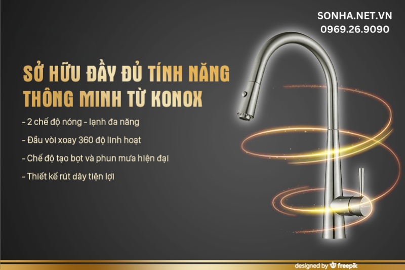 V&ograve;i rửa b&aacute;t Konox chức năng n&oacute;ng lạnh r&uacute;t d&acirc;y Konox chế độ 2 đường nước KN1901N