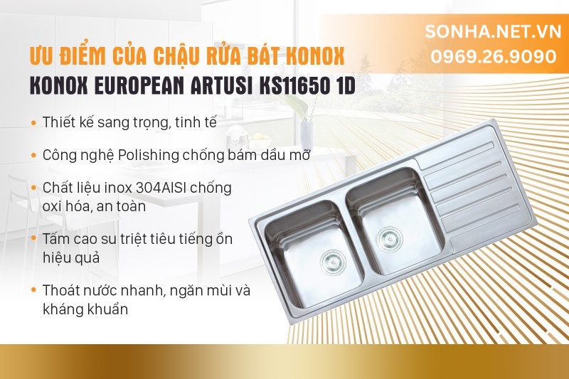 Chậu rửa b&aacute;t Konox European Artusi KS11650 1D với nhi&ecirc;̀u ưu đi&ecirc;̉m vượt tr&ocirc;̣i