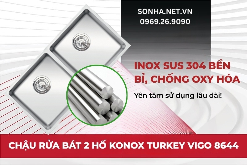 Bồn rửa ch&eacute;n 2 hố Konox Vigo 8644 được sản xuất từ inox 304 AISI
