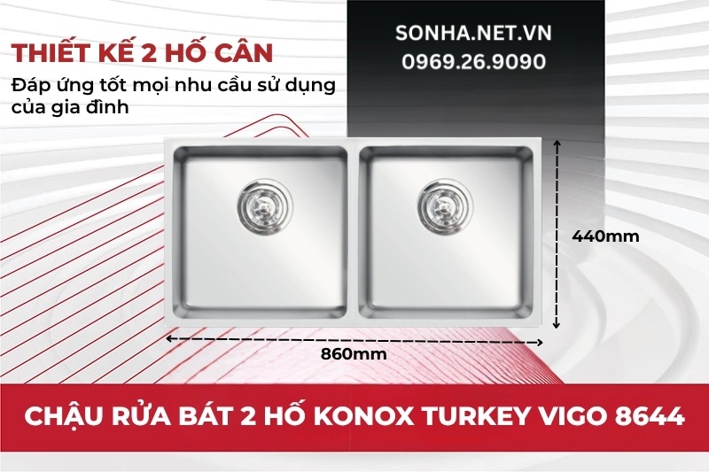 Chậu Konox Turkey Vigo 8644 c&oacute; thiết kế 2 hố c&acirc;n