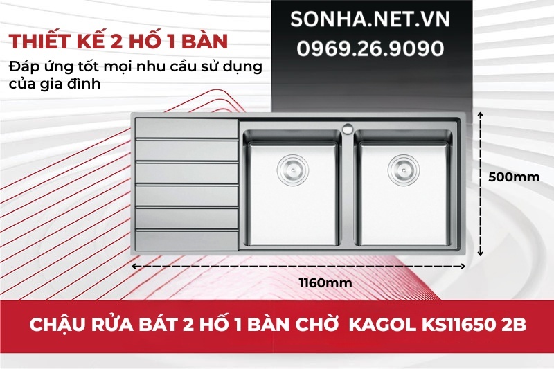 Bồn rửa b&aacute;t Konox KS11650 2B c&oacute; thiết kế 2 hố c&acirc;n c&oacute; b&agrave;n