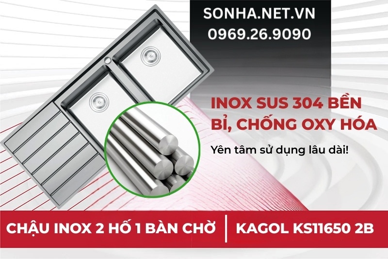Chậu rửa b&aacute;t 2 hố Konox KS11650 2B được chế tạo từ inox 304 ti&ecirc;u chuẩn Mỹ