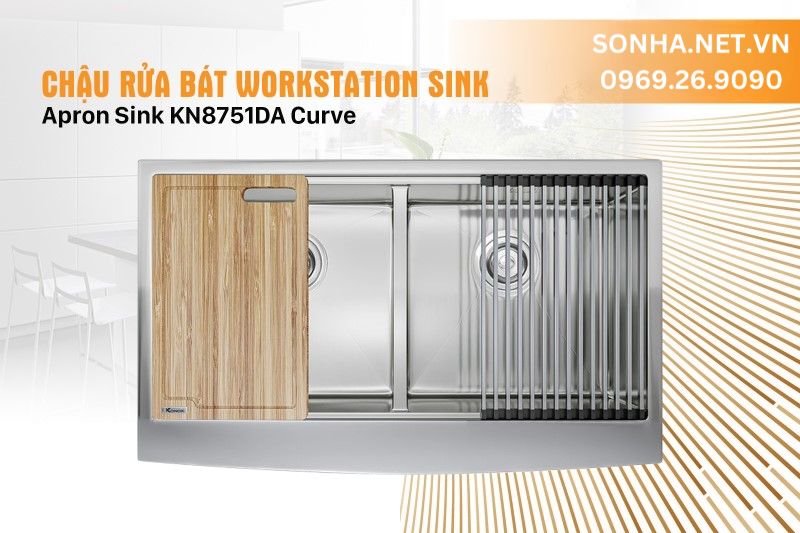 Chậu rửa b&aacute;t 2 hố, hạ bậc Konox Workstation Sink &ndash; Apron Sink KN8751DA Curve