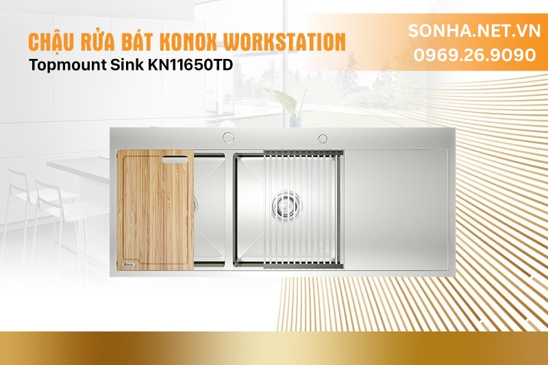 Chậu rửa b&aacute;t 2 hố, hạ bậc, c&oacute; b&agrave;n chờ Konox Workstation Topmount Sink KN11650TD