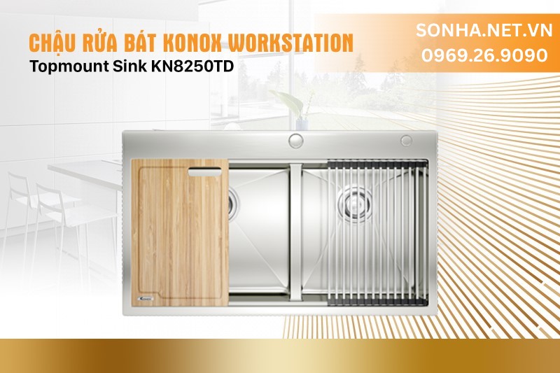 Chậu rửa b&aacute;t 2 hố, hạ bậc Konox Workstation Topmount Sink KN8250TD