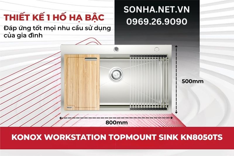 Chậu rửa b&aacute;t Konox KN8050TS c&oacute; thiết kế 1 hố lớn hạ bậc