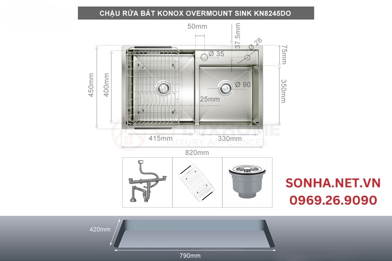 Chậu rửa b&aacute;t 2 hố KONOX Overmount Sink KN8245DO