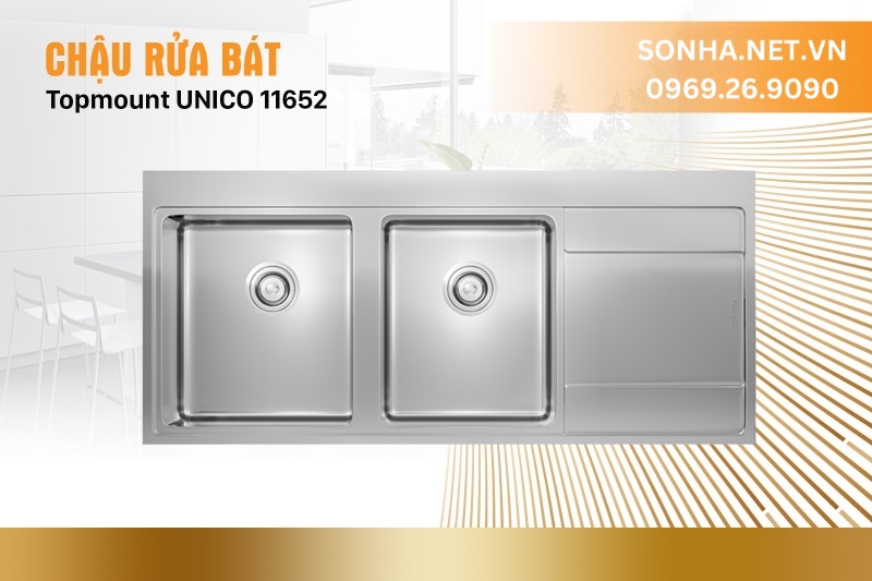 Chậu rửa b&aacute;t 2 hố, c&oacute; b&agrave;n chờ KONOX Topmount UNICO 11652