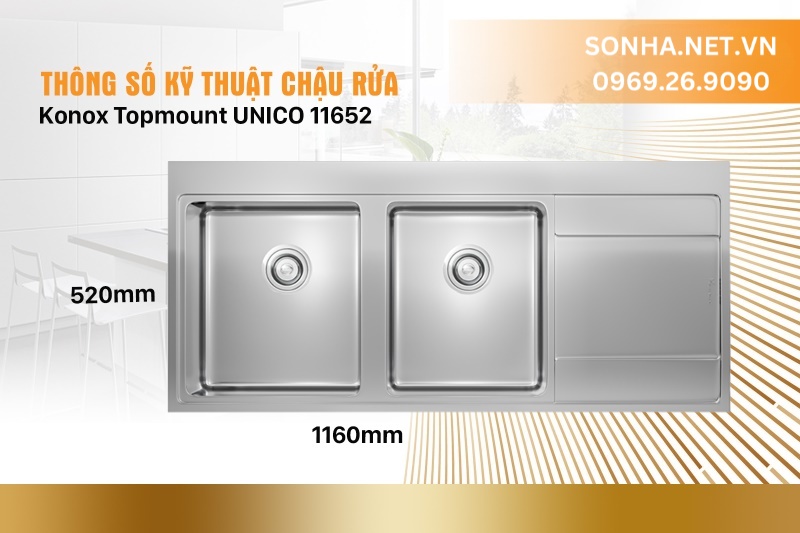 Th&ocirc;ng số kỹ thuật của chậu rửa b&aacute;t Konox Topmount UNICO 11652