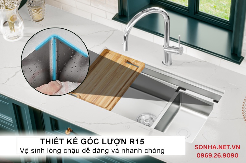 Thiết kế g&oacute;c lượn R15 cho ph&eacute;p vệ sinh l&ograve;ng chậu nhanh ch&oacute;ng v&agrave; dễ d&agrave;ng