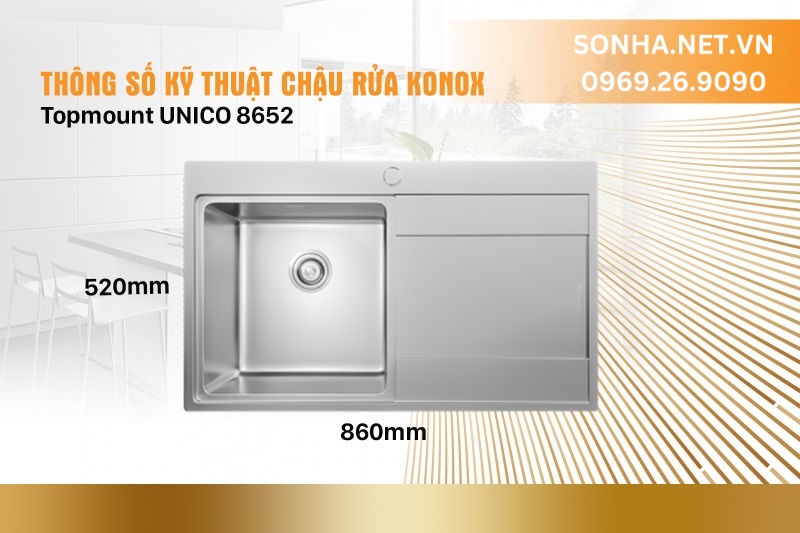 Th&ocirc;ng số kỹ thuật của chậu rửa b&aacute;t Konox Topmount UNICO 8652