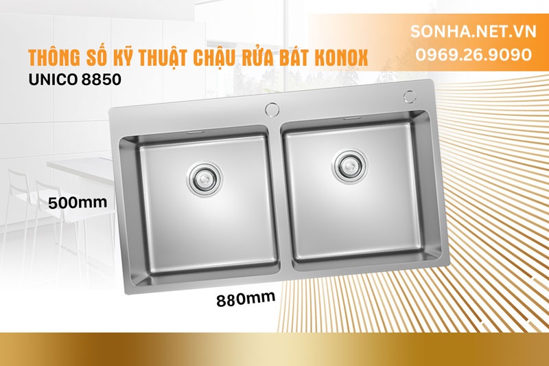 K&iacute;ch thước chậu Konox 8850 Topmount Unico