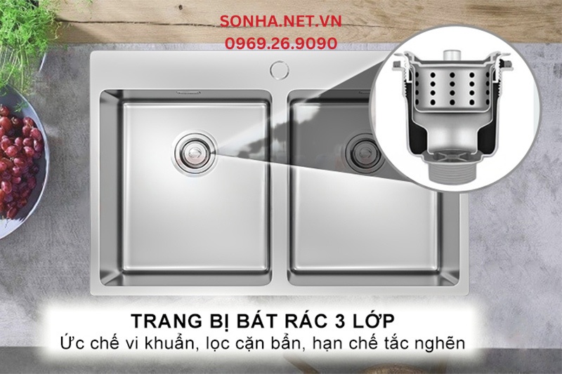 B&aacute;t r&aacute;c 3 lớp lọc sạch cặn bẩn, thực phẩm v&agrave; hạn chế tắc nghẽn